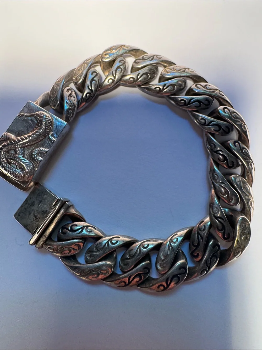 Men's Silver-Tone Serpent Link Bracelet - Sculpted Chain Design